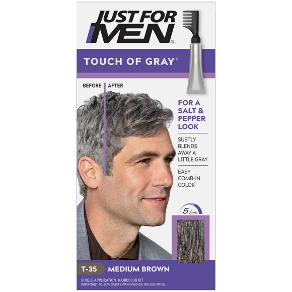 Just For Men Touch Of Gray, Gray Hair Coloring for Men with Comb Applicator, Great for a Salt and Pepper Look - Medium Brown, T-35 - Pack of 3 (Packaging May Vary)