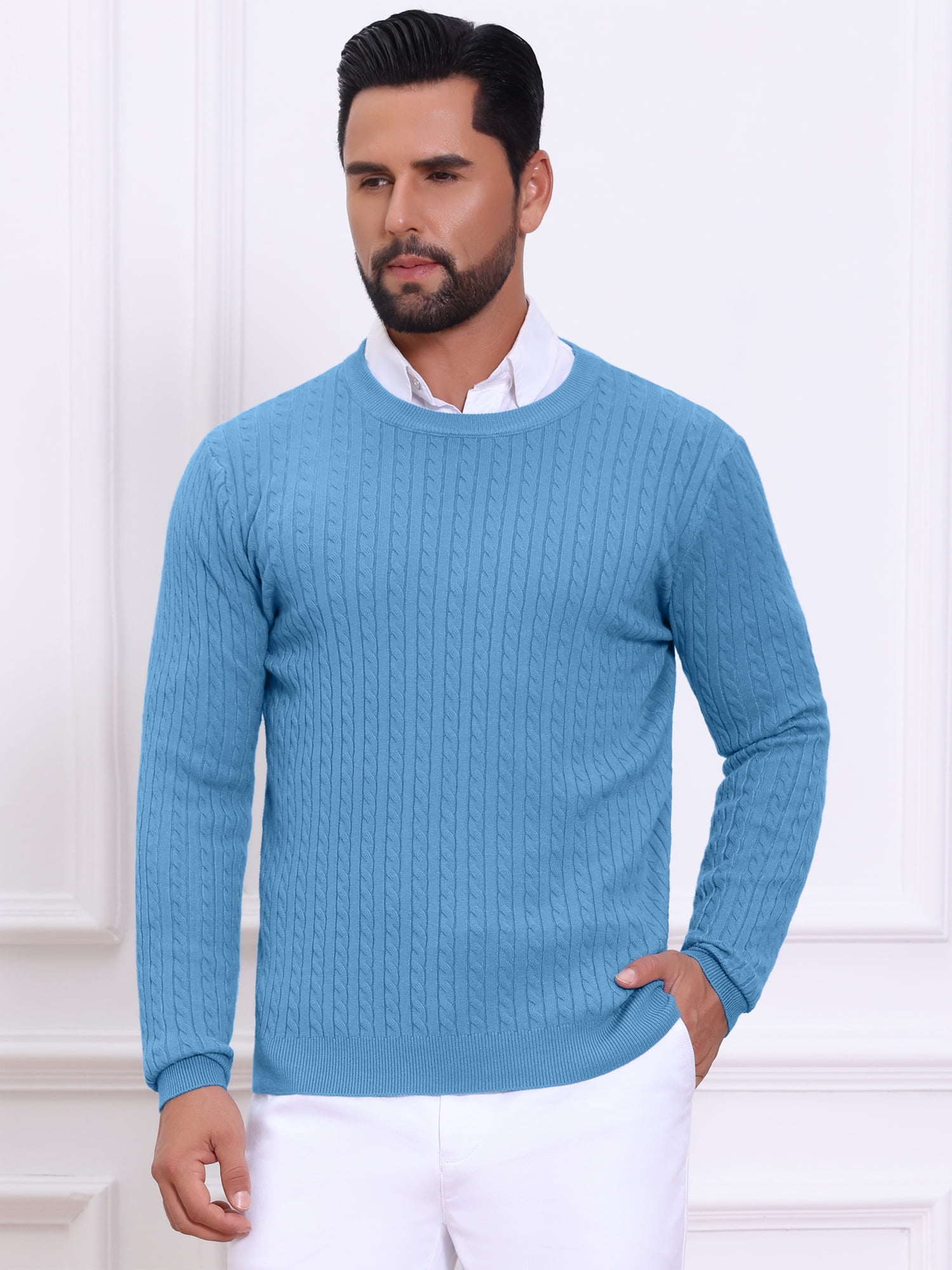 DARING DIVA Men's Crew Neck Long Sleeve Soft Cable Knit Pullover Sweater M Blue