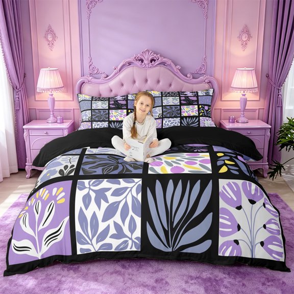 jejeloiu Abstract Floral Bedding For Girls,Patchwork Print Duvet Cover Full,Purple Black White,Black Reversible,3-Piece,1 Duvet Cover and 2 Pillowcases