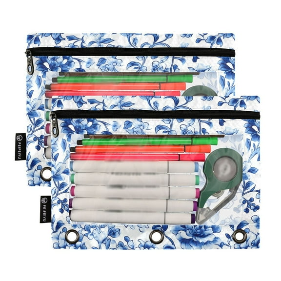 2 Pack Pencil Pouch for 3 Ring Binder Smooth Zipper Folders with Pockets Clear Window Pencil Case Blue and White Porcelain Floral