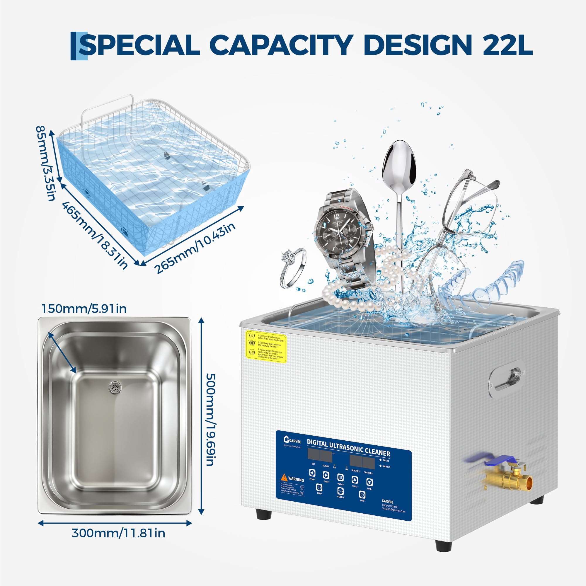 Professional Ultrasonic Cleaner 22L 40kHz with Heated & Timer, Industrial Ultrasonic Cleaning Machine for Jewelry, Dentures, Lab Parts, Tools, Stainless Steel Tank with Basket