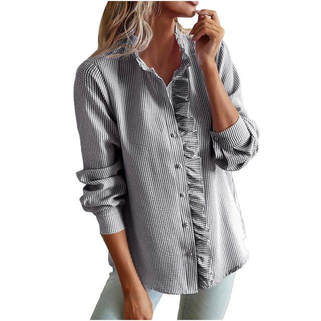 Pisexur Women's Chiffon Ruffle Blouse Solid Color Long Sleeve Button Down Elegant Collar Neck Shirts Tops