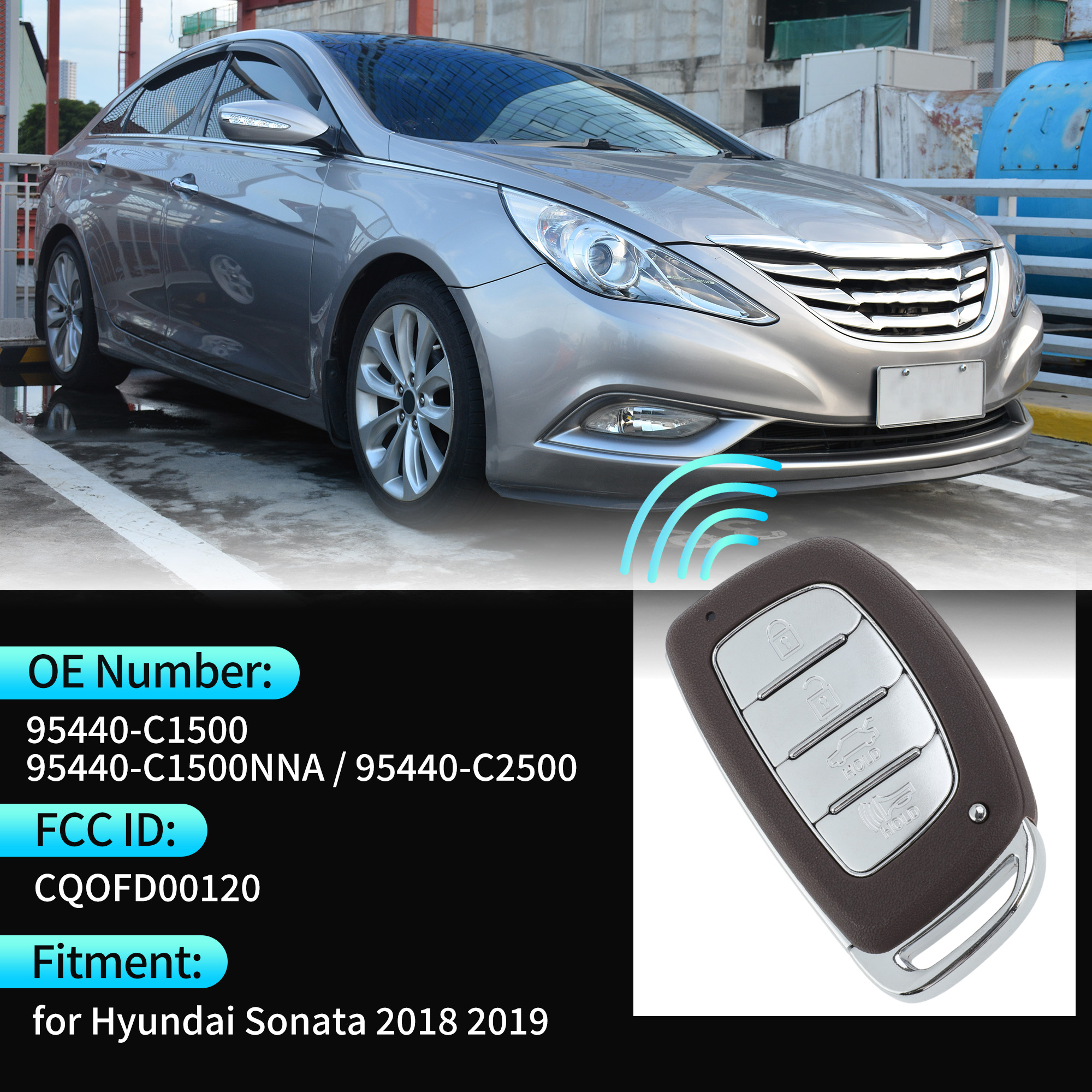 CQOFD00120 434 MHz Replacement Keyless Entry Remote Smart Key Fob for Hyundai Sonata 2018 2019 No.95440-C1500/95440-C1500NNA/95440-C2500 4 Buttons