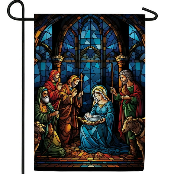 America Forever Holy Birth Stained Glass Garden Flag, 12.5 x 18 inch Double Sided, Nativity Christmas Mary Joseph, Religious Christmas Outdoor Decorative Flag