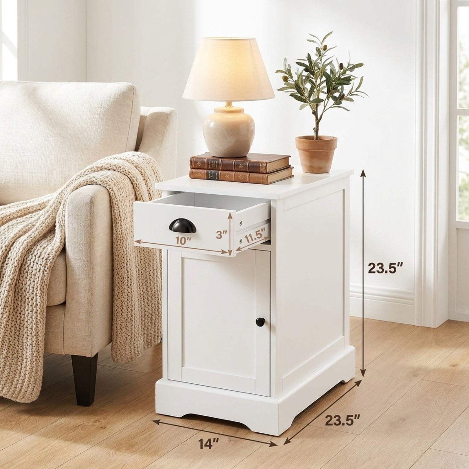 Furnibear End Table with Charging Station Flip Top and Drawer Cabinet Magazine Holder for Living Room Bedroom Sofa Side Narrow Spaces, White