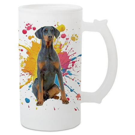 

100 North Freezable Beer Stein Mug With Thumb Grip Handle 16 Ounce Frosted Glass Doberman Pinscher Dog