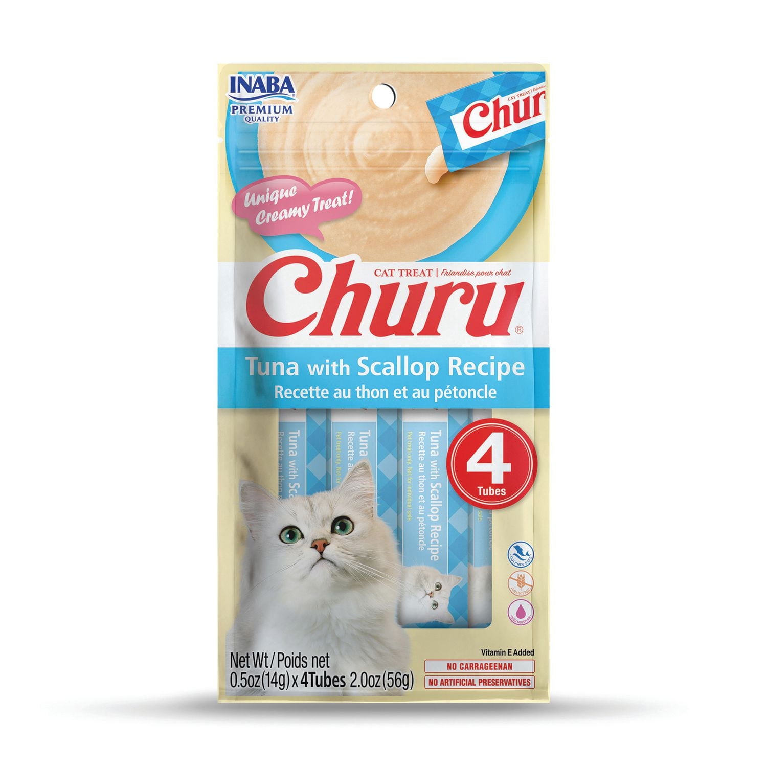 INABA Churu Cat Treats, Grain-Free Lickable Creamy Purée with Vitamin E - Tuna with Scallop Recipe, 4 tubes 56g (4x14g)