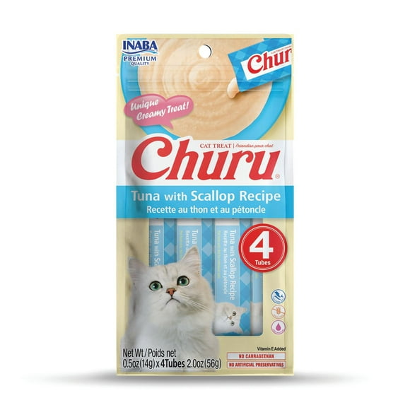INABA Churu Cat Treats, Grain-Free Lickable Creamy Purée with Vitamin E - Tuna with Scallop Recipe, 4 tubes