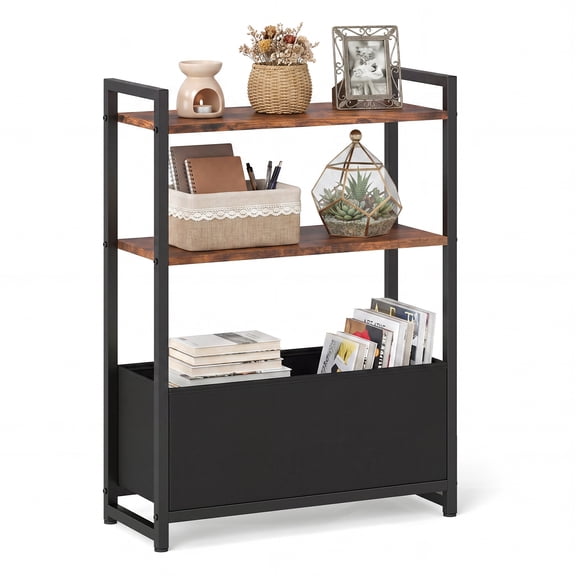 Gymax 3-Tier Skinny Couch Side Table w/Storage Shelves & Metal Frame Slim Nightstand Rustic Brown & Black