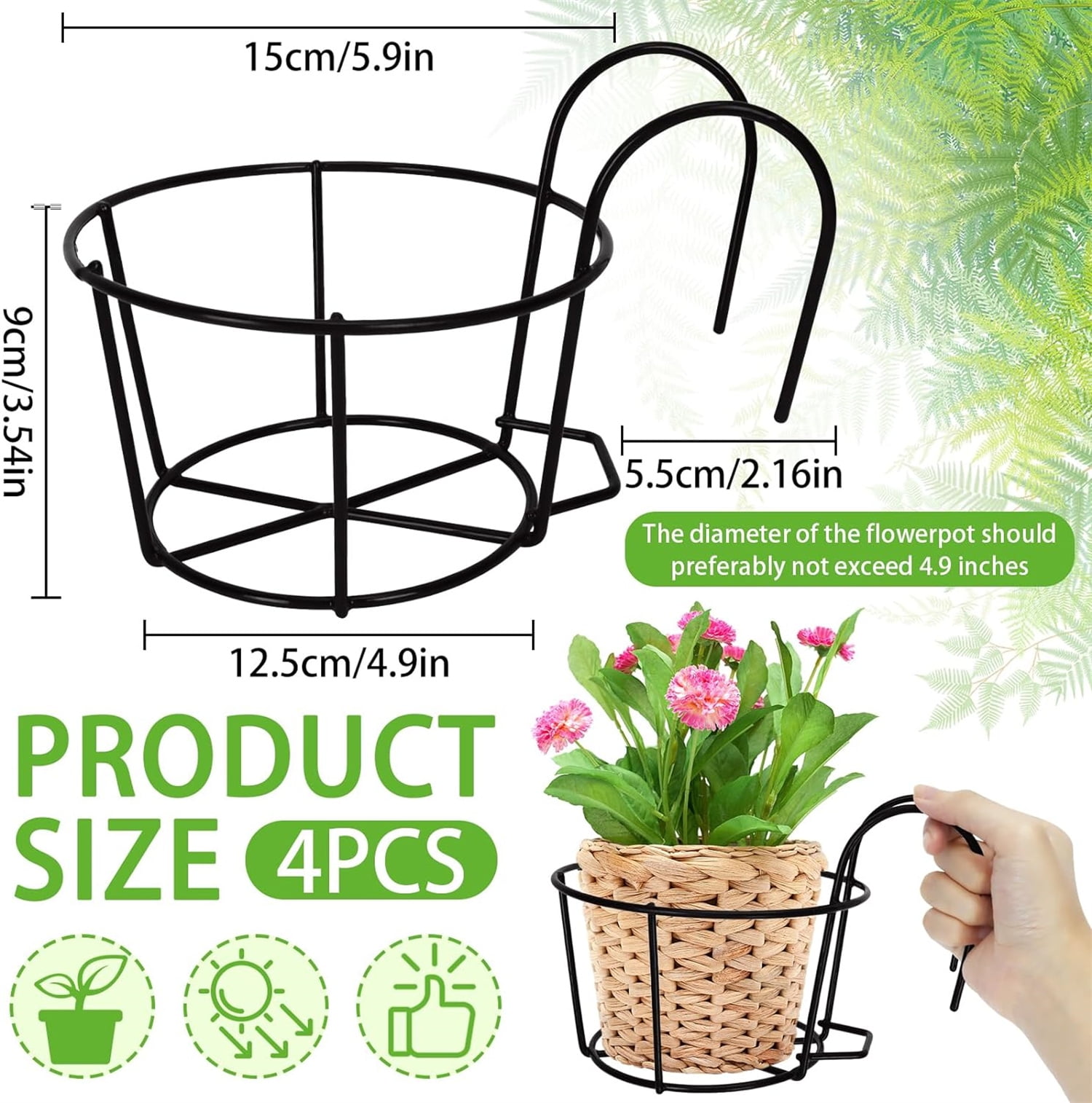 Bexikou 4 Pcs Hanging Railing Planters Basket,Metal Planter Flower Pot Holder,Iron Rack Fence Shelf Plant Holder with Hook for Balcony, Garden, Indoor and Outdoor (Black)