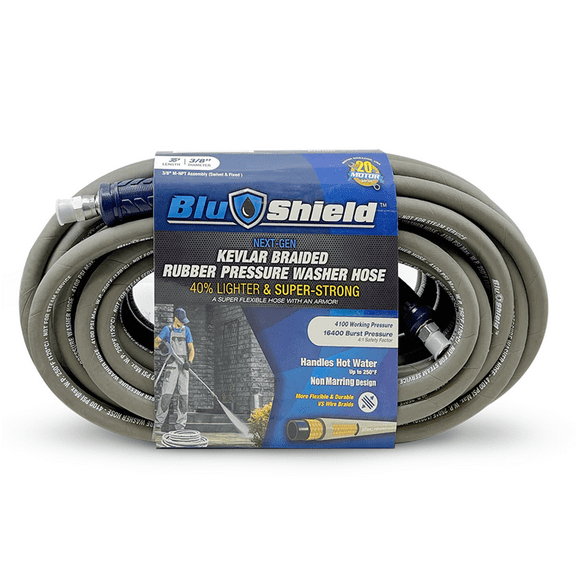BluBird BluShield Aramid Braided 3/8" Rubber Pressure Washer Hose, Non Marking, 4100PSI Heavy Duty Lightweight - 35 Feet