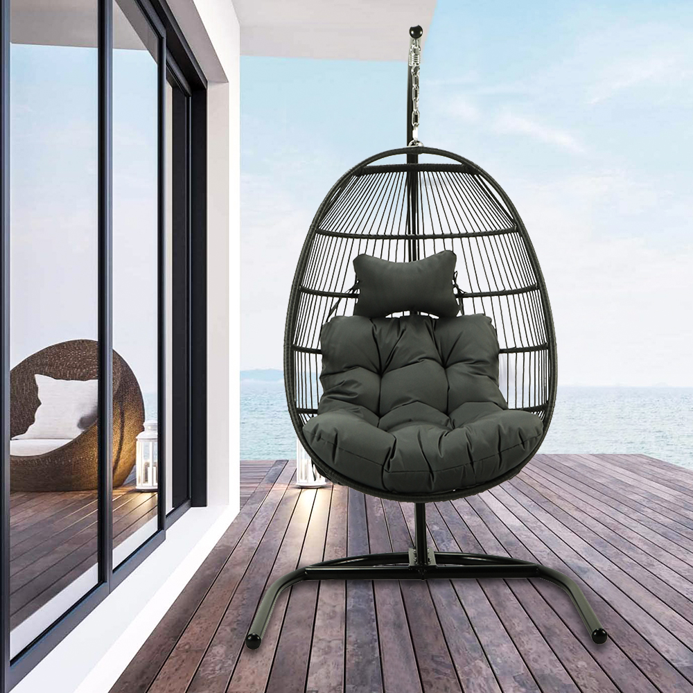 uhomepro Resin Wicker Hanging Egg Chair with Cushion and Stand, UV Resistant Outdoor Patio Hanging Egg Chair with Iron Frame, Heavy Duty Swing Chair Backyard Relax with Headrest Pillow, Q17150 - image 2 of 12