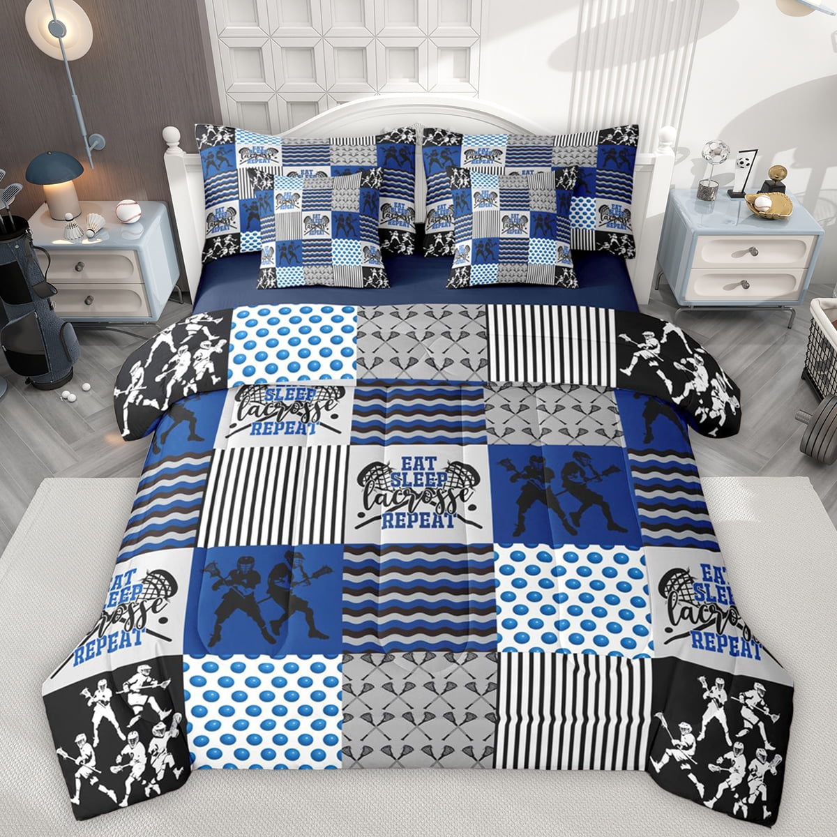 Manfei Lacrosse Ball Game 7pcs Bedding Comforter Set Geometric Striped Plaid Queen Bedding Sets Sport Gamer Queen Sheet Sets For Boys Teens Super Cozy Room Decor Reversible