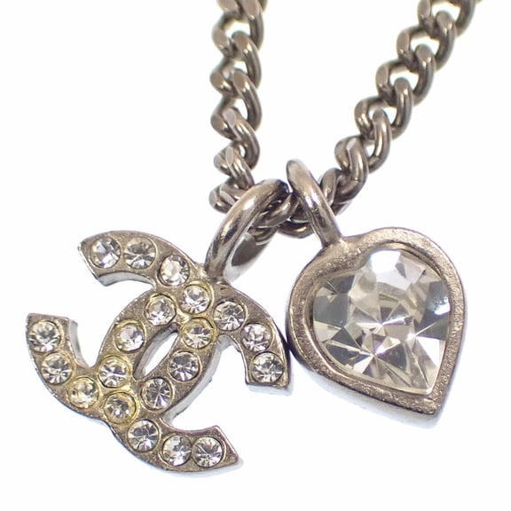Pre-Owned Chanel Coco Mark Necklace for Women, Rhinestone Metal, Silver Color, Heart Design, 10C