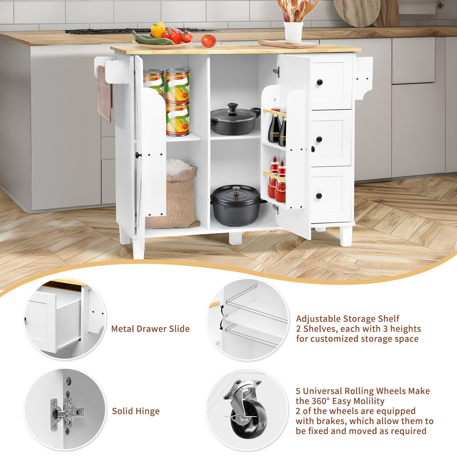 【HOSTK】White Rolling Kitchen Island Cart with Storage Cabinet, Drawer, Wine Rack & 2 Adjustable Shelves, Mobile Kitchen Storage Cabinet on Wheels