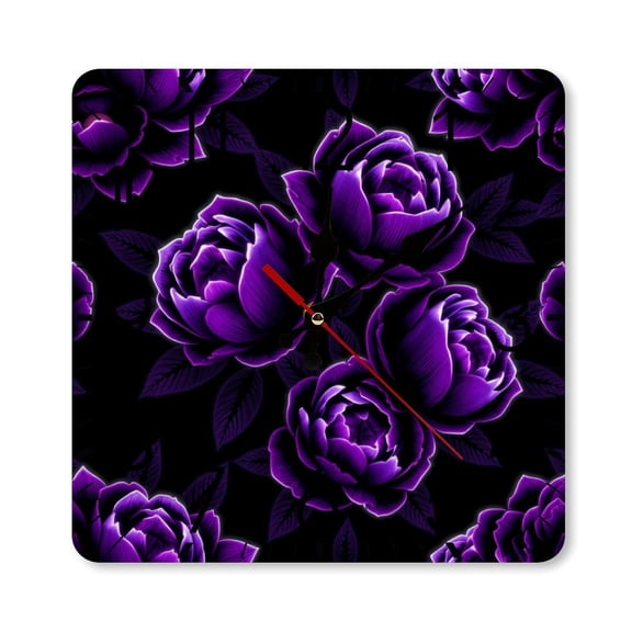 RKSupls 10×10inch Square Silent Wall Clock Wooden Frame, Purple Neon Roses Scale Decorative Clock for Home Bedroom Living Room Office