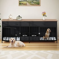 ModFusion 74" Black Double Dog Crate Furniture with 2 Drawers – Heavy-Duty Wood Pet Kennel & TV Stand for 2 Dogs, Lockable Doors, Modern Design