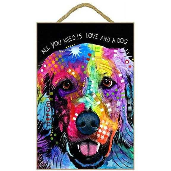 (SJT78226) Golden Retriever - All you need is love and a dog 7" x 10.5" wood plaque/sign featuring the artwork of Dean Russo