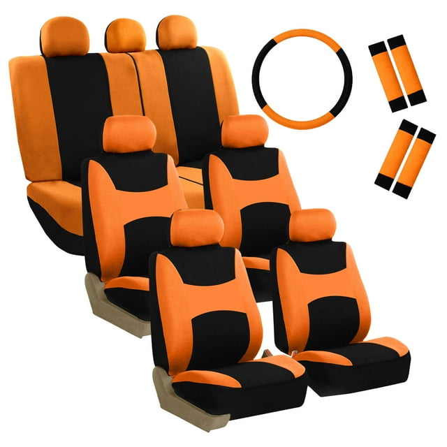 FH Group 3 rows Cloth Car Seat Covers for SUV, Sedan, Van Full Set - Universal Fit Automotive Seat Covers, Split Bench Rear Seat with Steering Wheel Cover, 4 Seatbelt Pads FB030217ORANGE-COMBO