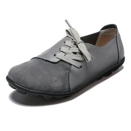 

Large Size Women Casual Loafers Soft Lightweight Splicing Leather Lace Up Flats Loafers Shoes 42 Gray