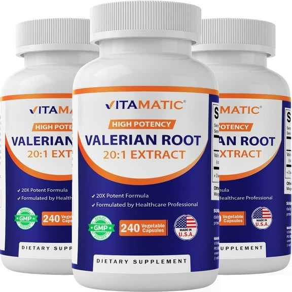3 Pack Vitamatic Valerian Root 5000 mg Equivalent per Capsule - 240 Capsules - 20X Concentrated Extract from 20:1 250mg - Herbal Sleep Aid