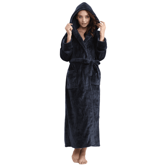 Women's Long Hooded Robe Luxurious Flannel Fleece Bathrobe with Ankle Full Floor Length