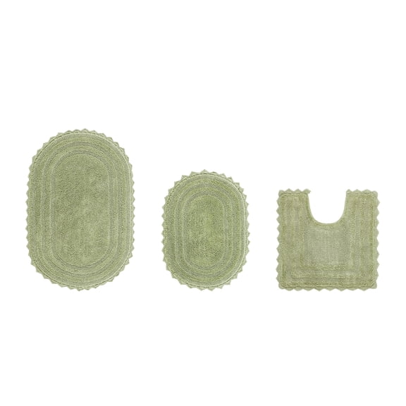 Better Trends 3 Piece Lilly Crochet Oval Rug Bath Mat Toilet Rugs U Shaped Set 100% Cotton, Soft Reversible Water Absorbent Washable Bath Rug for Bathroom Floor Decor, Contour Sage