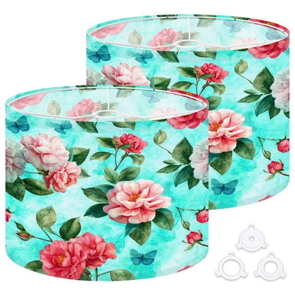 Lamp Shades Set of 2 Easy Assembly watercolor flowers butterflies teal Drum Lampshades for Table Lamps Floor Lamps Pendant Light 13"x13"x10" Replacement Lamp Shade