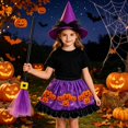 thumbnail image 2 of G`irls Purple Pumpkin Printed Ruffle Hem Skirt Halloween Holiday Dress Up Kit with Hat and Broom, 2 of 4