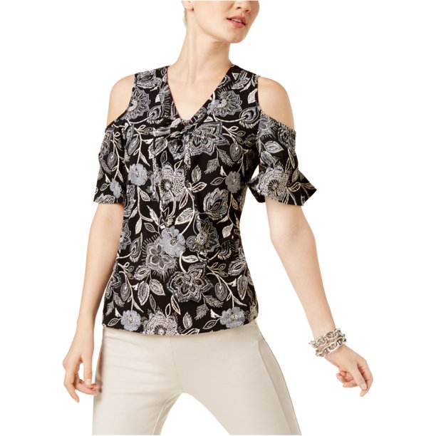 INC Blusa estampada con hombros descubiertos para mujer, negra, grande I-N-C Hombro frío