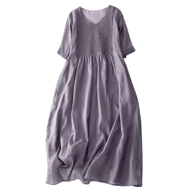 Robe Vintage pour Femmes Broderie Florale Robe de Plage Manches Courtes Col Rond Coton et Lin Boho Robes Été FJH FJH