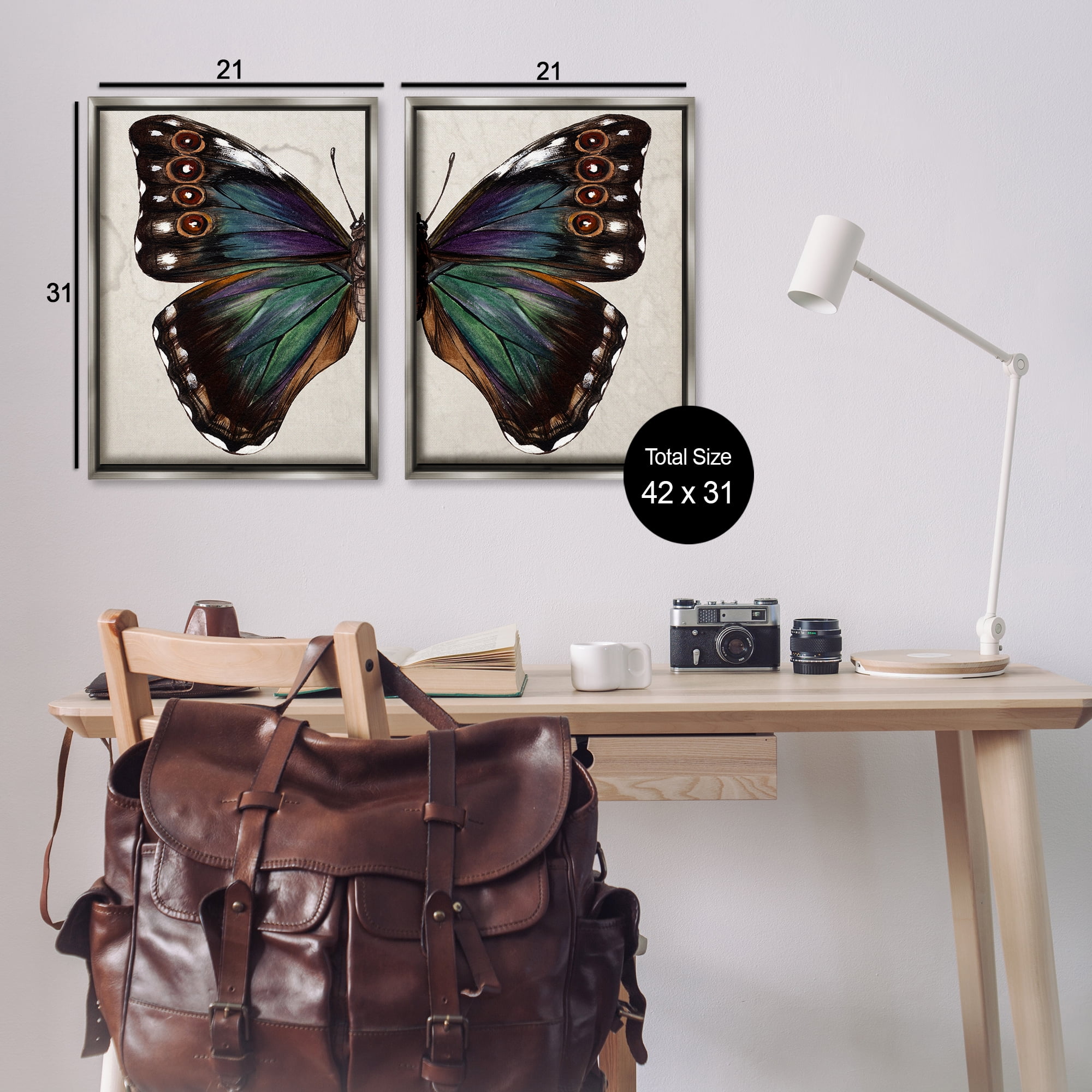Stupell Industries Colorful Purple Green Butterfly Animals Painting Gray Floater Framed Canvas Art Print Wall Art, 21 x 31, Set of 2