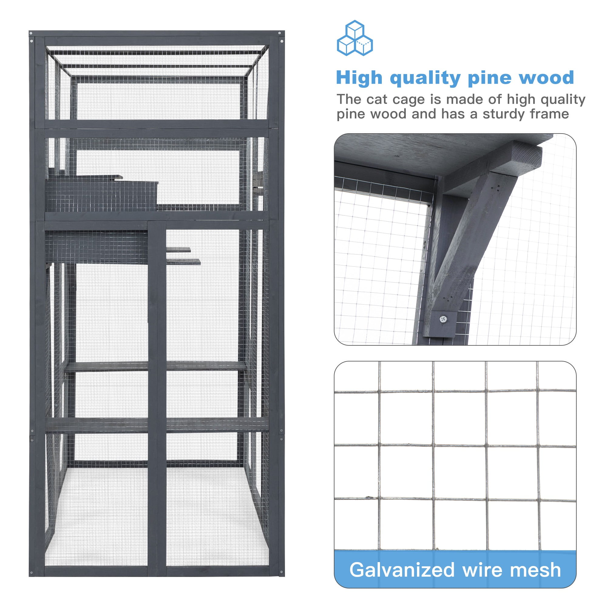 Demi Bonn 70" Outdoor Wood Cat House, Catio Kitty Enclosure Large Cat Cage Condo Playpen with Platforms and Small House, Gray