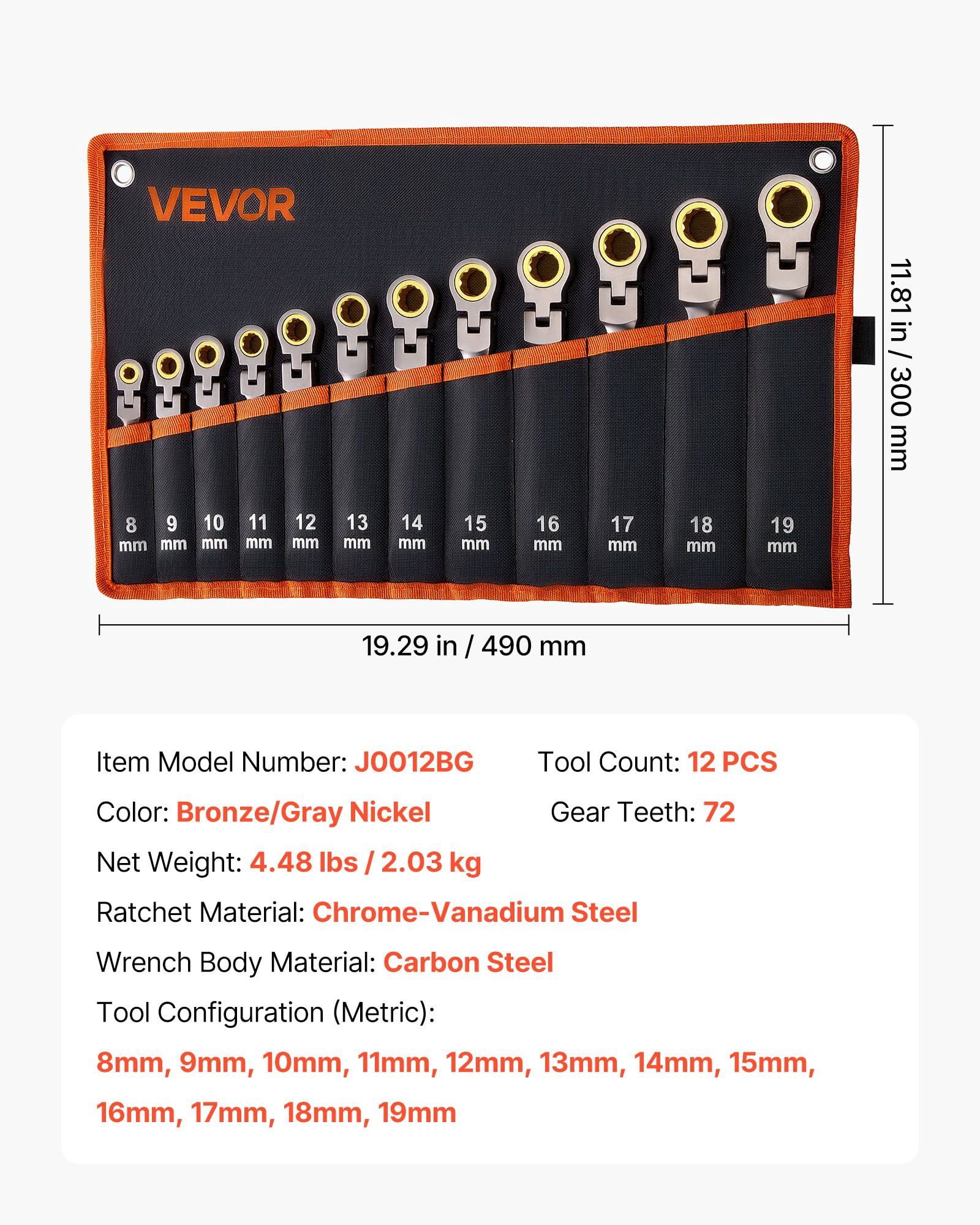 Flex-Head Ratcheting Wrench Set, 12-Piece Metric 8 mm to 19 mm, 72 Teeth, Cr-V Steel Ratchet Flexible Combination Wrench Set with Roll Up Pouch, for General Household and Automotive Repairs
