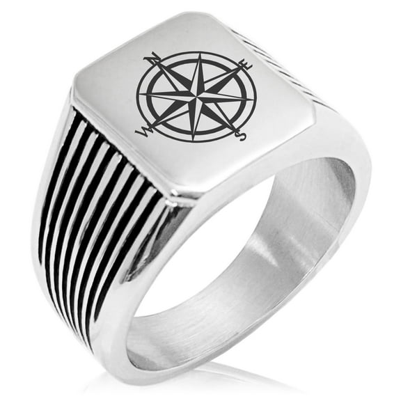 Tioneer Stainless Steel Nautical Star Compass Needle Stripe CZ Pattern Biker Style Polished Ring