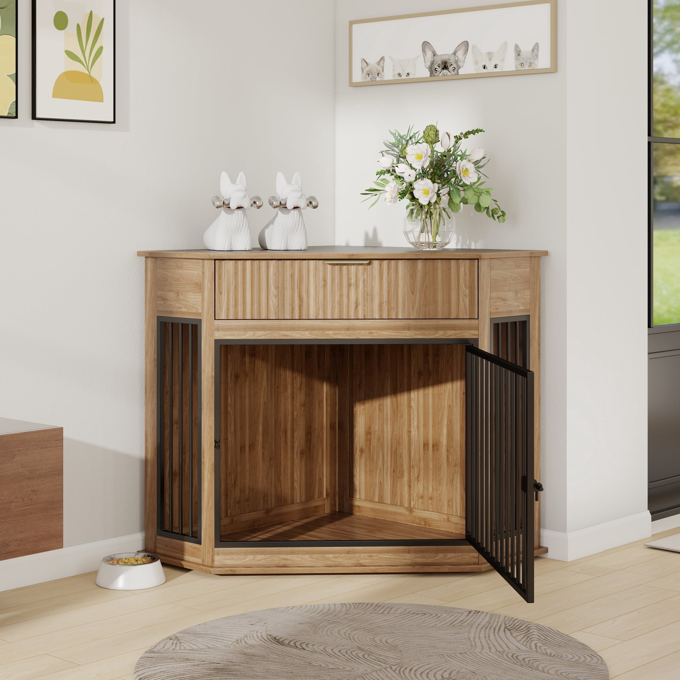 Noble House 44.6" Corner Wooden Dog Crate Furniture with Fluted Storage Drawer, Modern Cabinet for Home Décor, Walnut