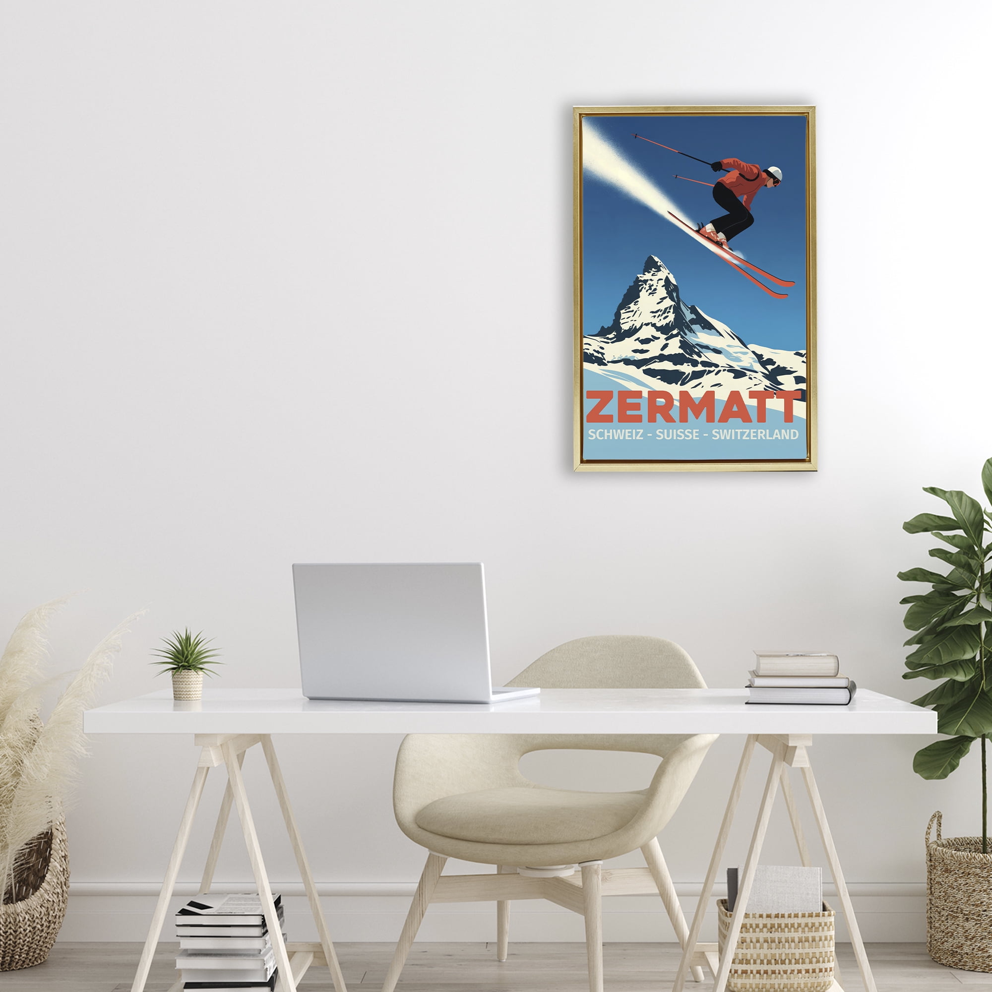 Stupell Industries Zermatt Ski Poster Gold Framed Floater Canvas Wall Art, design by Andreas Magnusson
