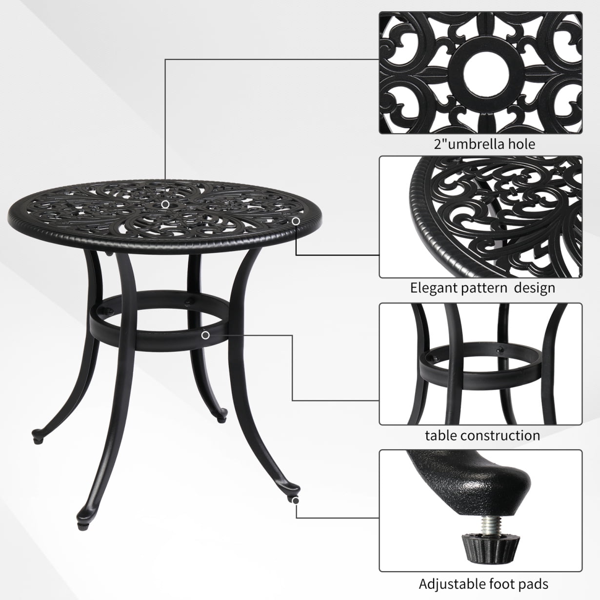 23.6 inch Patio Side Table, Cast Aluminum End Table with Adjustable Footpads, Outdoor Small Coffee Table with Umbrella Hole, Round Metal Patio Table for Poolside, Backyard, Balcony