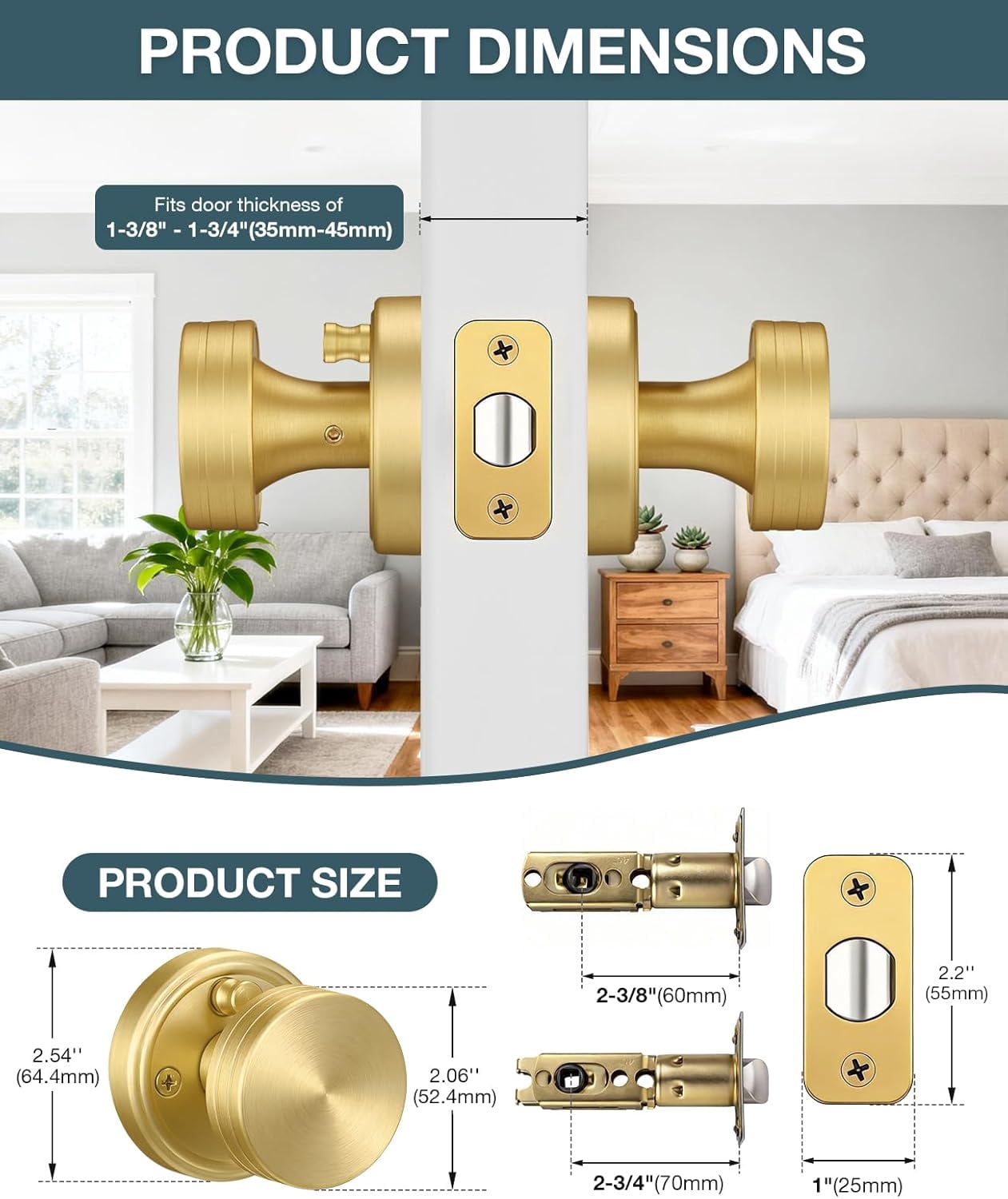 Klamerit Privacy Brushed Gold Door Knobs Heavy Duty Zinc Alloy Round Interior Door Knobs with Lock,for Bathroom & Bedroom