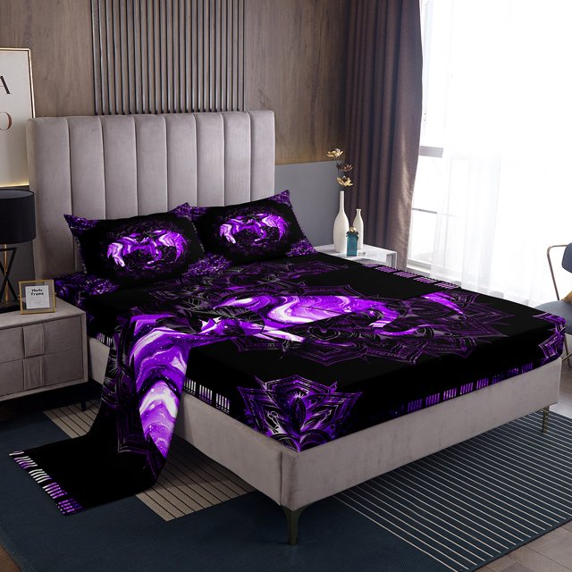 Erosebridal Magic Animal Sheet Set Full, Purple Dragon Bedding Sets Full Size, Boho Mandala Floral Decorative, 4pcs