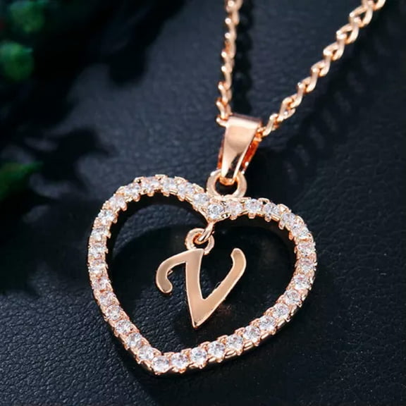 EOEMY A-Z Rose Gold Heart Alphabet Letter Necklace Initial Name Pendant Chain Choker-V