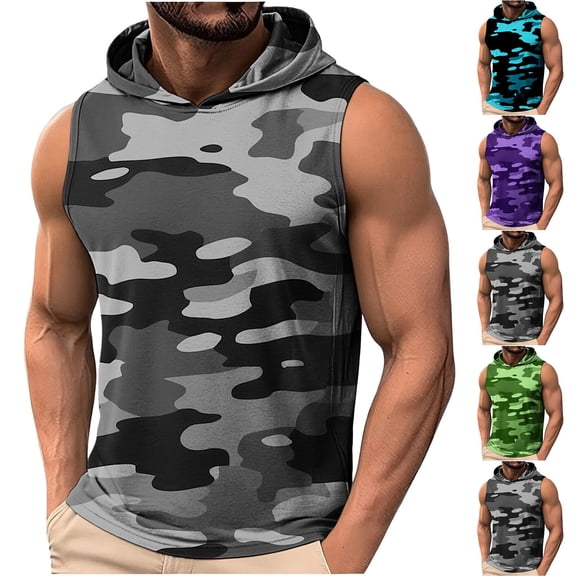 Goodtrade8 Mens T-Shirts Running Athletic Tank Tops Casual Sleeveless Gradient Outdoor Hooded T-Shirts for Men