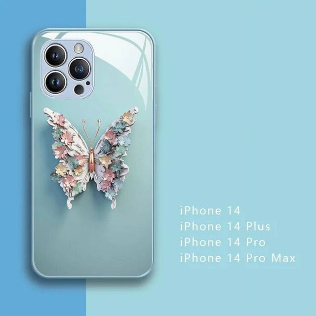 Luxury Flat Butterfly Pattern Phone Cover For iPhone 15 Pro 14 13 12 Pro Max 11 Shockproof Bumper Tempered Glass Hard Back Case LXY
