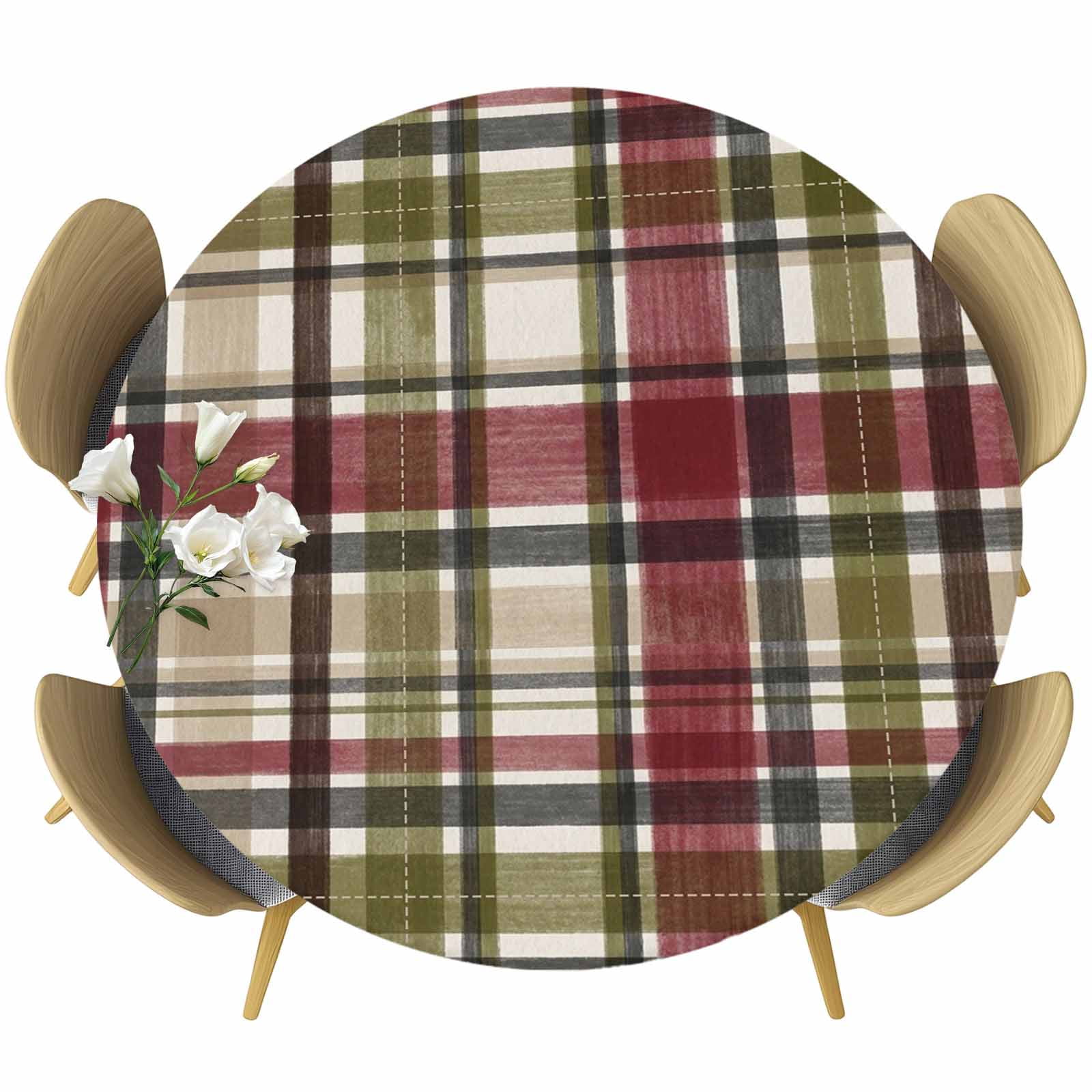 Buffalo Check Round Tablecloth 36-44 Inch Round Fitted Table Cloth with Elastic Edge Red Green Farmhouse Plaid Vintage Autumn Waterproof Table Cover Protector for Outdoor Picnic Party Dining