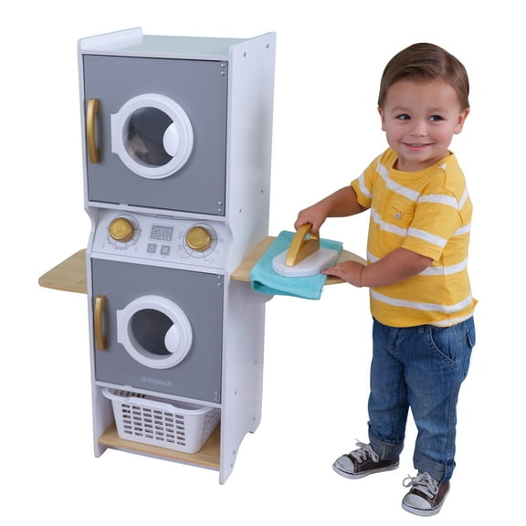 KidKraft Laundry Play Set, Wooden Stacking Washer and Dryer with Iron and Basket, White