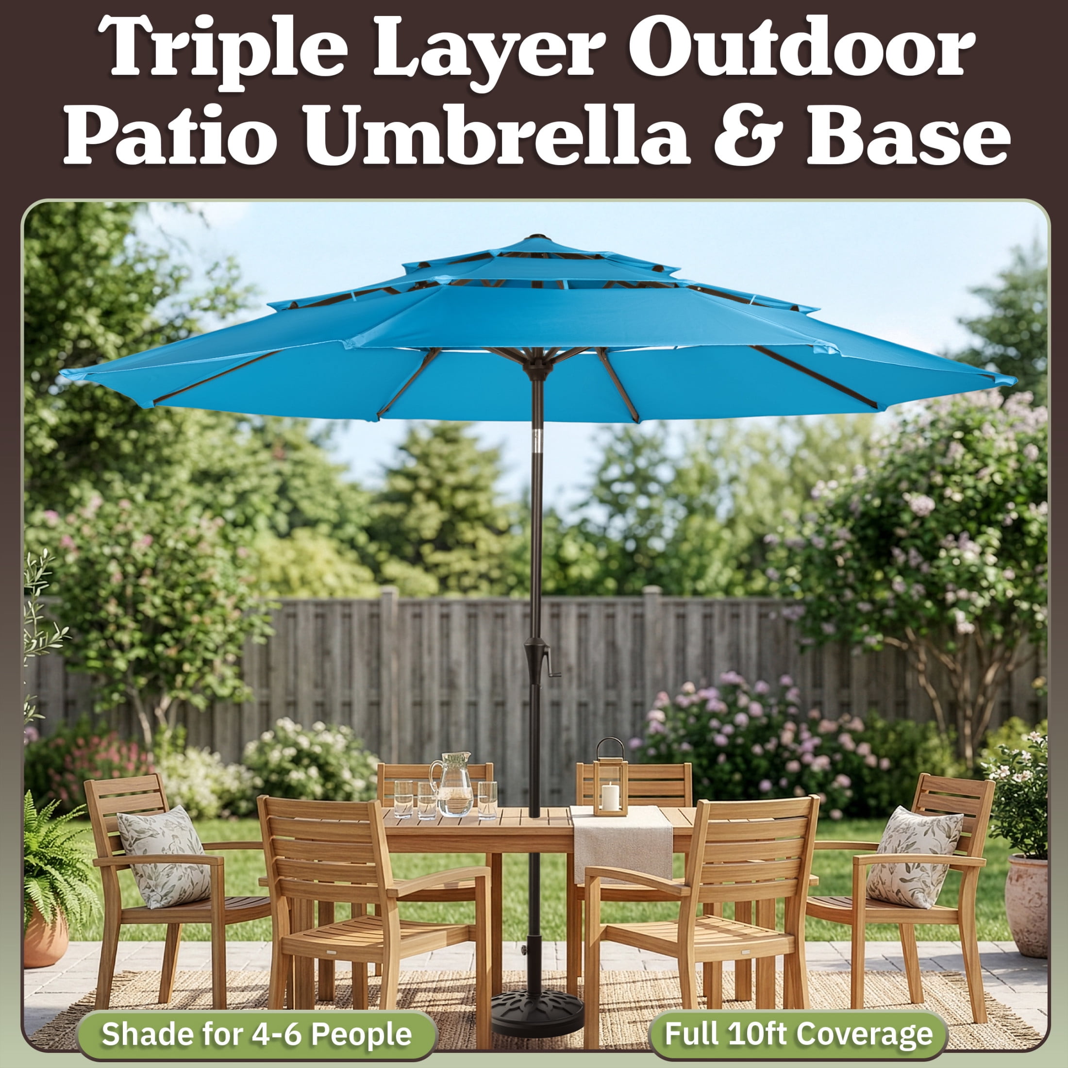 Pure Garden 10ft 3-Tier Umbrella for Patio Shade Canopy with 19lb Base, Blue