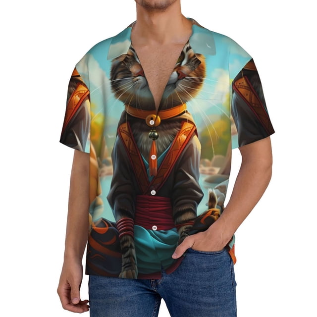 Bingfone Riverside Meditating Cat for Men's Cuban Collar Short Sleeve Shirt with Pocket Button Down Cardigan Summer Shirt-4X-Large
