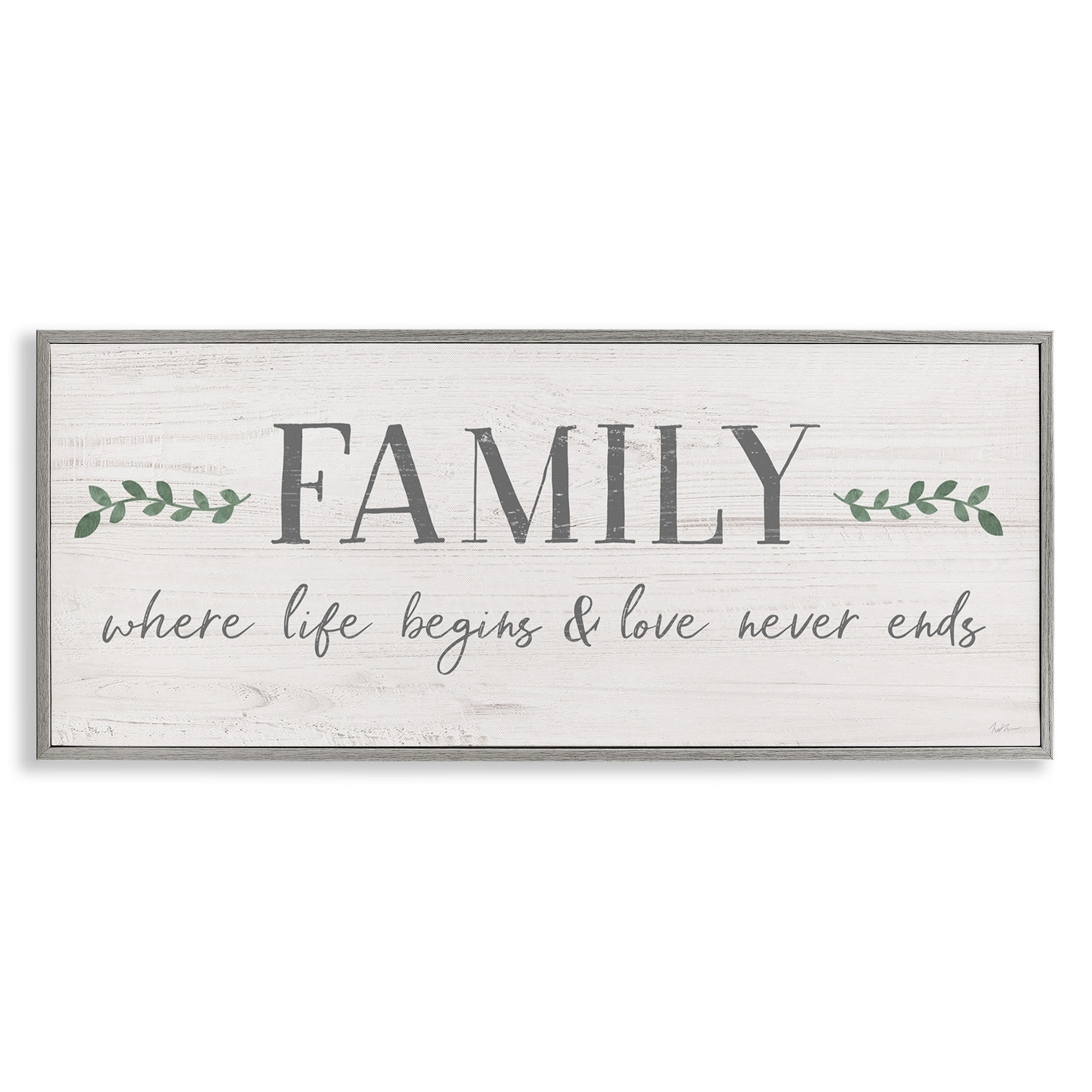 Stupell Industries Family Life Begins Love Never Ends Motivational Phrase Graphic Art Gray Framed Art Print Wall Art, 30x13, by Natalie Carpentieri