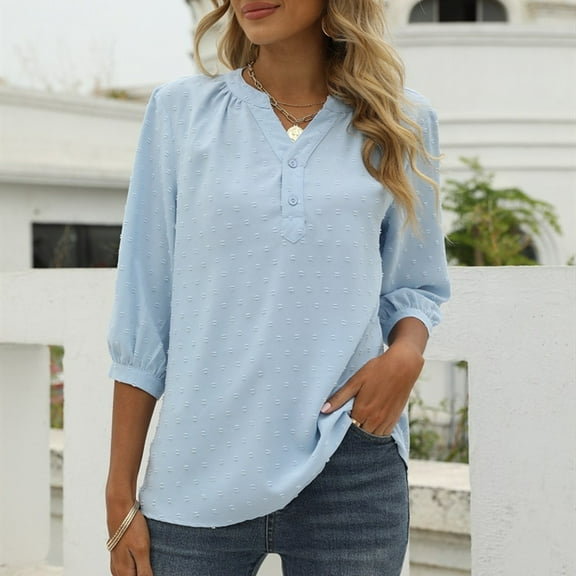 Womens Casual Chiffon Blouses 3/4 Sleeve Loose Swiss Dot Tops Henley V Neck Pleated Button Down Shirts