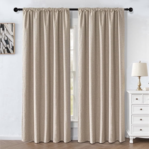 TURKIO 100% Blackout Linen Curtains for Living Room Bedroom, Sun-Reflective Thermal Insulated Heavy Duty Curtains, 52"x63",2 Panels Per Pack,Nature